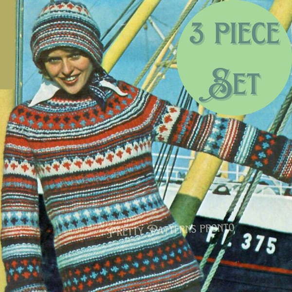 Nordic Sampler Sweater Striped Fisherman Iceland Ladies Traditional Style Knitting Pattern Winter Hat Chunky Legwarmers Set Digital Download