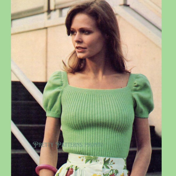 Puff Sleeve Boho Vintage 1970s Knitting Pattern For Women Sweater Retro Knitted PDF Instant Digital Download Ribbed Square Neck Short Sleeve