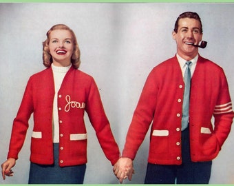 1950s Matching Couples Men's Sweater Women's Jumper Varsity Jacket Retro Patterns PDF Digital Download Cardigan Knitting Pattern Preppy