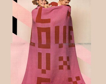 Modello per coperta retrò in maglia PDF, coperta afgana Bold LOVE, coperta intarsiata di metà secolo anni '70