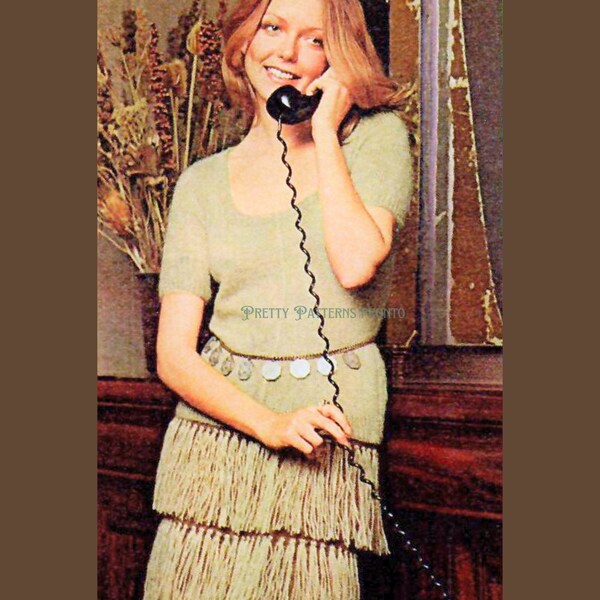 1970s Disco Glam Festival Style Party Dress Midi Fringe Vintage Knitting Pattern Women Hippie Outfit Blouse Skirt PDF Digital Download