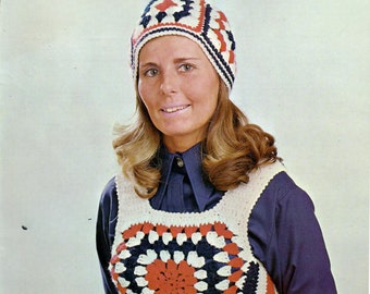 Oma vierkante beanie muts en tanktop Vintage jaren 70 gehaakt patroon Retro dames geribbeld kietelvest met korte mouwen Cami met korte mouwen