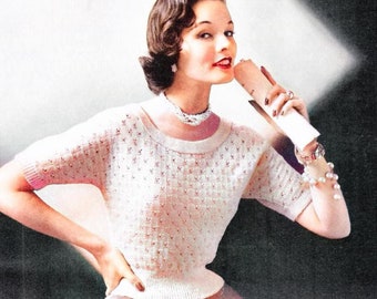 1950s Lace Elegant Sweater Top Vintage Knitting Patterns For Women Jumper Retro Knitted Boho Blouse Pattern PDF Digital Download Pullover