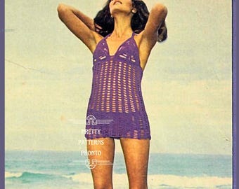 Łatwy wzór na szydełko, wzór na narzutkę szydełkową w formacie PDF, szybki szydełkowy zestaw na plażę i bikini, retro letni sweter z siateczki i koronki do pobrania