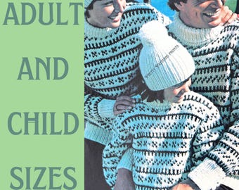 Modello di maglia invernale per la famiglia, pullover vintage Fair Isle da uomo, donna e bambino (download PDF)