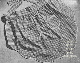Enkelt halvförkläde för lantligt bruk med fickor och korsstygnsdetaljer, retro sömnadsmönster från 1950-talet, digital PDF-nedladdning