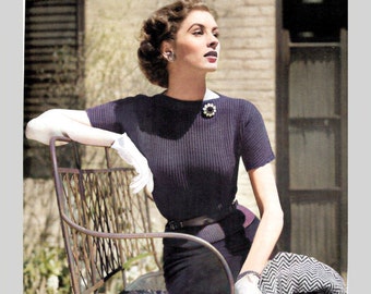 1950s Pin Up Vintage Knitting Patterns For Women Sweater Retro Knitted Summer Blouse Pattern PDF Instant Digital Download Ribbed Boat Neck