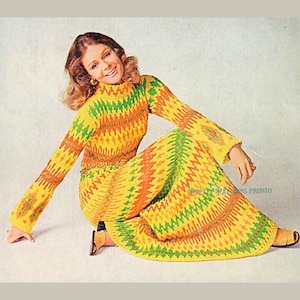 70s Bell Sleeve Dress Knitting Pattern 1970s Vintage Maxi Hippie Style Geometric Long Gown ZigZag Chevron Diamond Design Digital Download