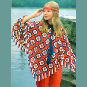 1970s Crochet Poncho Pattern Granny Square Crochet Poncho Pattern Drawstring Neck Poncho Pattern Summer Poncho PDF Instant Download