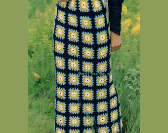 Gonna a quadri anni '70, modello per gonna lunga all'uncinetto con margherite e fiori, abito da festa, gonna all'uncinetto boho, modello per gonna estiva vintage in formato PDF