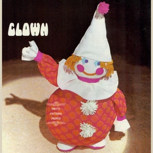 Retro Clown Puppe Schnittmuster, Traditionelles Zirkus Spielzeug oder Heim Dekor Vintage Stoffpuppe Stil Stofftier Anleitung 1970er Jahre Nettes Geschenk, PDF-Download