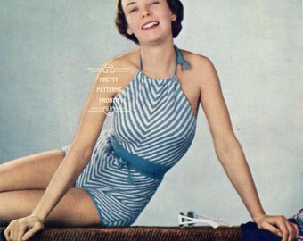 Halter Top Romper With Booty Shorts Leg Pattern, 1940s Pinup Girls, Retro Swimsuit, Crochet and Knitting Patterns, Instant Download PDF