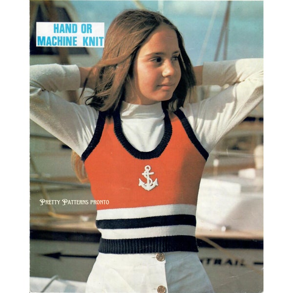 Vintage Sailor Style Jumper Knitting Pattern for Girls 1960s Nautical Stripes Tween Kids Vest Sweater Knit Tank Top PDF Instant Download