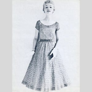 1950s Knit Dress Pattern: Vintage Full Skirt, Midi Length, Silk Ribbon Yarn (PDF Pattern)