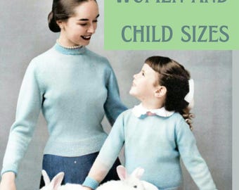 Modello di maglia a girocollo per donne e ragazze degli anni '50 in formato PDF, taglie corrispondenti