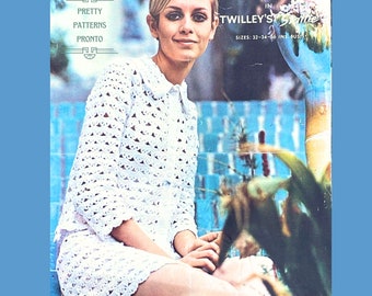 Szybki i łatwy wzór na szydełko Marynarka i mini spódniczka, letnia gwiazda modelka Twiggy brytyjska moda retro lata 60., szydełkowa bawełna natychmiastowe pobranie