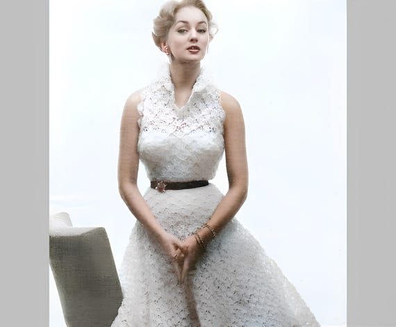 Elegant Crochet Dress Pattern, 1950s Vintage Prom Gown, Short Party Dress, Sleeveless Shell Pattern, Womens Retro Clothing Digital PDF