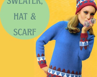 Modello di maglia per maglione geometrico vintage in PDF con cappello e sciarpa inclusi