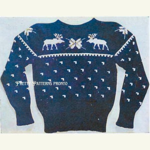 May include: A blue knitted sweater with a white reindeer pattern and a white snowflake design. The sweater has a crew neck and long sleeves. The text "PRETTY PATTERNS PRONTO" is printed on the front of the sweater.