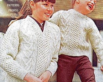 Childrens Aran Sweaters Boy Girl or Teens | Vintage Knitting Pattern Pullover | PDF Instant Download Jumper Child Size 5 - 14 Years