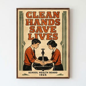 Könnte beinhalten: Ein Poster im Vintage-Stil in einem dunklen Holzrahmen mit dem Text CLEAN HANDS SAVE LIVES oben und SCHOOL HEALTH BOARD 1925 unten. Die Illustration zeigt zwei Personen, die ihre Hände in einem schwarzen Waschbecken waschen.