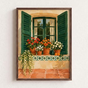 Mediterranean Gouache Window Garden Green Shutters Poster & Canvas S5IXP