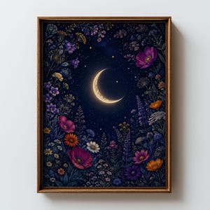 May include: A framed rectangular wall art print featuring a crescent moon centered in a dark blue night sky filled with tiny stars, surrounded by a dense border of colorful wildflowers in shades of purple, pink, orange, yellow, and white.