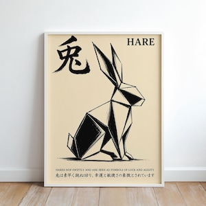 Könnte beinhalten: Ein gerahmter Kunstdruck mit einer geometrischen Hasenillustration in schwarzer Tinte auf cremefarbenem Hintergrund. Der Text enthält das Wort HARE, das japanische Kanji für Hase sowie den englischen und japanischen Satz: Hares hop swiftly and are seen as symbols of luck and agility.