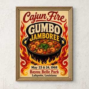 Könnte beinhalten: Ein rechteckiges Poster in einem goldenen Rahmen mit dem Text Cajun Fire GUMBO JAMBOREE. Die Grafik zeigt einen schwarzen Topf mit Garnelen und Wurst über Flammen. Darunter steht May 23 & 24, 1968, Bayou Belle Park, Lafayette, Louisiana.