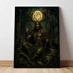May include: A rectangular canvas print featuring a dark, forest-themed illustration of a horned deity figure sitting in a meditative pose. The figure has large antlers, holds a wooden staff, and is surrounded by a deer, a raven, and a full moon.