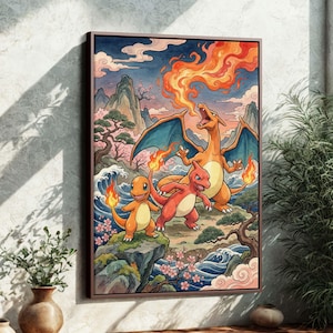 Könnte beinhalten: Ein gerahmter Druck mit drei Pokémon-Charakteren in einer japanisch inspirierten Landschaft. Das Kunstwerk zeigt ein Glumanda, Glutexo und Glurak mit Flammen, Bergen, Kirschblüten und Meereswellen. Die Farbpalette umfasst Orange-, Blau- und Rosatöne.