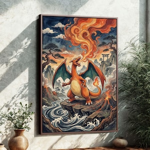 Könnte beinhalten: Ein gerahmtes Kunstwerk mit einem orangefarbenen Drachen mit grünen Flügeln, der Feuer speit. Das Kunstwerk ist vor dem Hintergrund einer Berglandschaft mit einem Fluss, Bäumen und einem Torii-Tor angeordnet. Der Stil erinnert an traditionelle japanische Kunst.