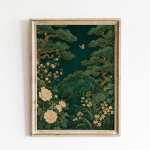 May include: A rectangular wall art print in a light wood frame featuring a dark forest green background with illustrations of pine trees, blooming cream-colored peonies, small yellow flowers, and a single butterfly in the upper center.