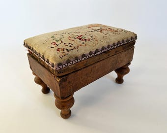 1890s Antique Primitive Needlepoint and Turned Wood Feet Footstool