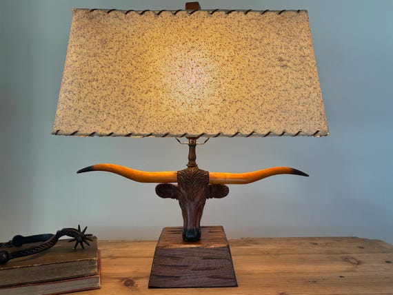 1950s Vintage A. Brandt Ranch Oak Longhorn Steer Table Lamp