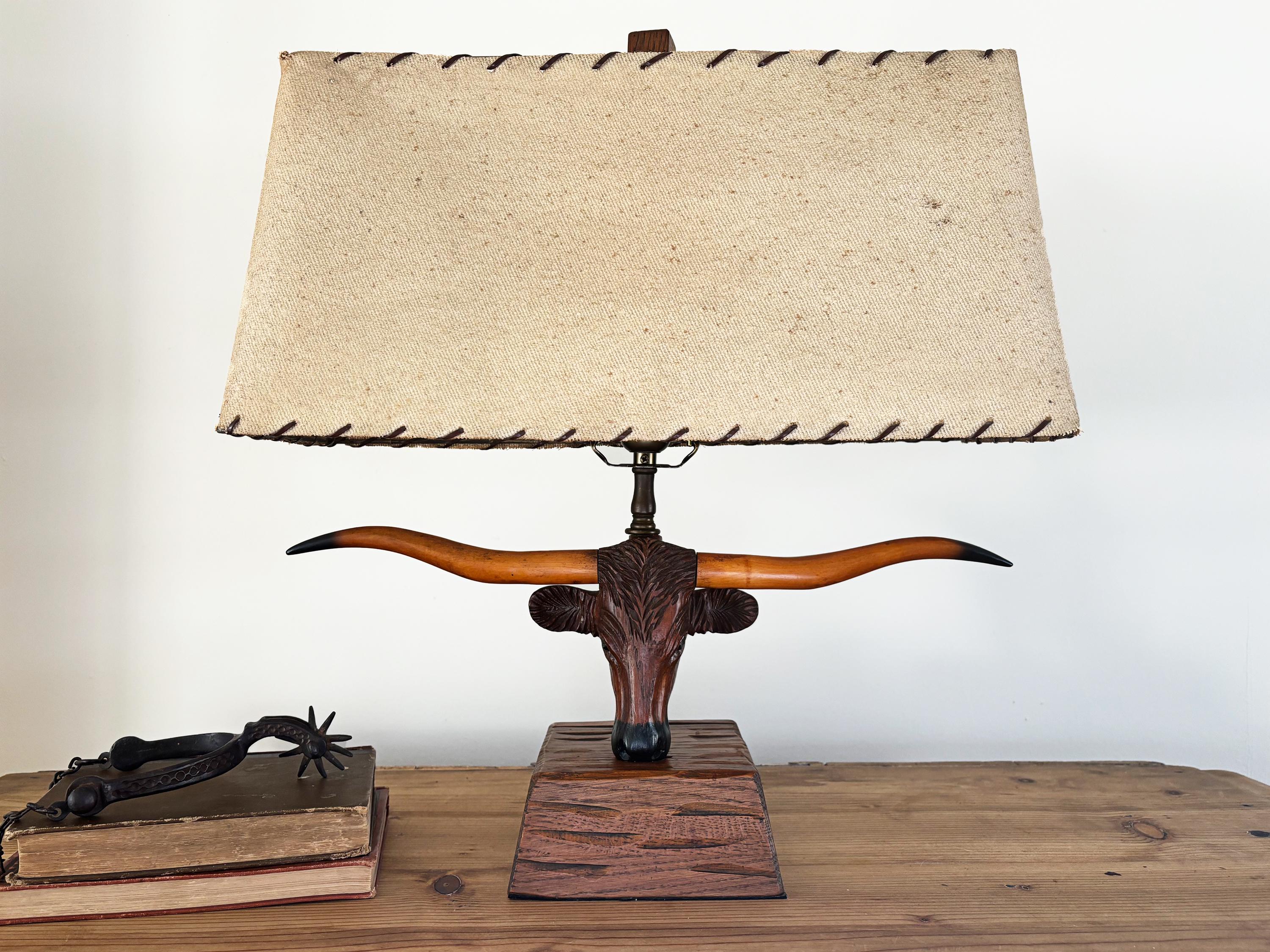 1950s Vintage A. Brandt Ranch Oak Longhorn Steer Table Lamp