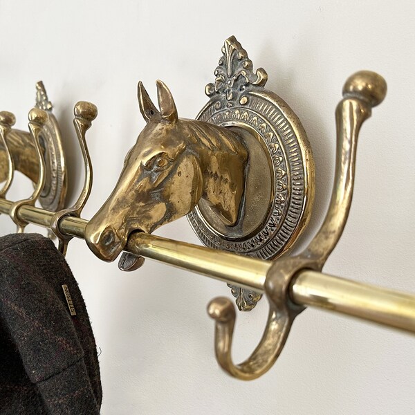 SOLD - Hooks Equestrian Décor Hat Rack 39” Wide Horse Gifts Vintage Brass Wall Display Closet Eclectic Hooks For Clothing