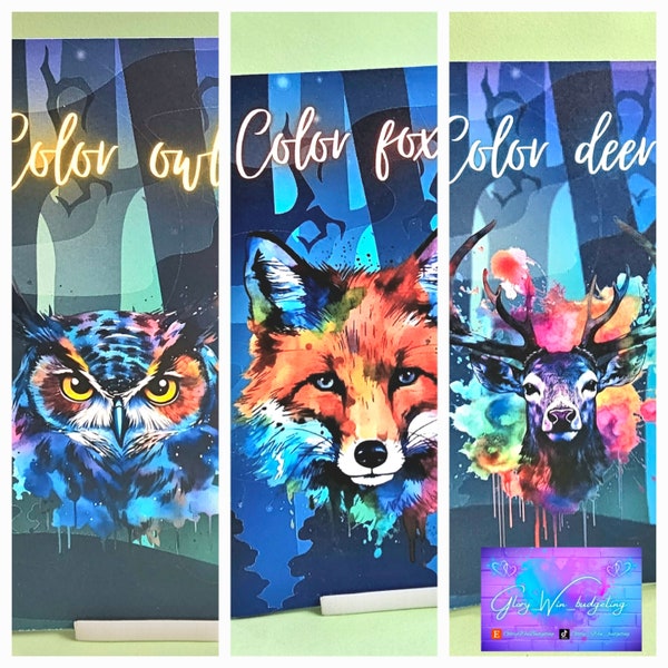 Color animals Owl, Deer, Foxa 3 er Klappkarte a6