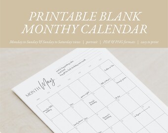 Calendario mensile vuoto stampabile / Calendario mensile verticale / PDF e PNG / Design minimalista
