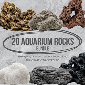 May include: An assortment of aquarium rocks in various shapes and colors, including brown, gray, and black. The image features a bundle of 20 rocks, with text that reads "20 AQUARIUM ROCKS BUNDLE". The rocks are on a transparent background.