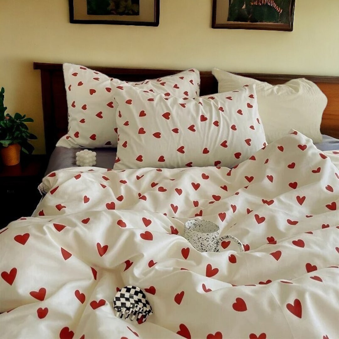 Housse de couette coeurs , Housse de couette , Broderie motif coeurs