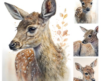 Watercolor Fawn Clipart Pack | 7 High Quality JPGs | Digital Download | Card Making, Digital Paper Crafts, Mixed Media | Commercial Use