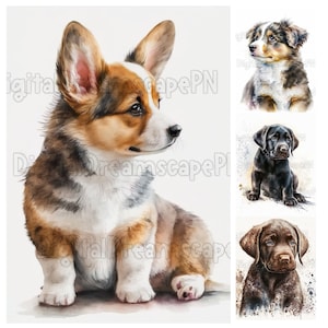 60 Clipart - Puppy Portrait Bundle | DIGITAL DOWNLOAD | Watercolor | Junk Journaling, Card Making, Mixed Media | Commercial Use