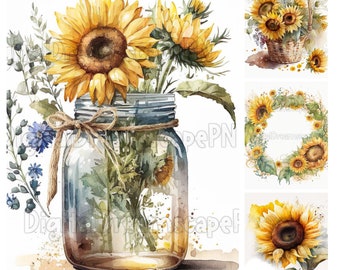 Sunflower Clipart Pack | 23 High Quality JPGs | DIGITAL DOWNLOAD | Aqaurell | Digital Paper Craft, Card Making, Mixed Media | Commerical Use