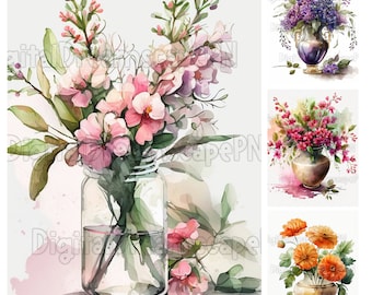 Vaas met bloemen clipart pack | 32 PNG's van hoge kwaliteit | 4 kleurenschema's | Digitale download | Kaarten maken, aquarel illustraties commercieel