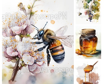 Watercolor Honey Bee Clipart | 17 High Quality JPGs | Digital Download | Spring, Bees, Honey | Card Making, Digital Paper Craft, Mixed Media