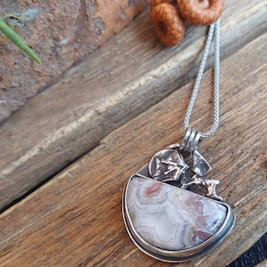 Crazy lace agate silver pendant - Artisan handmade pendant with natural stone.
