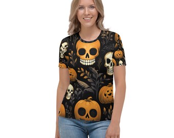 Halloween tshirt, skull tshirt, Ladies t-shirt womans Fall floral shirt autumn Halloween, pumpkin shirt