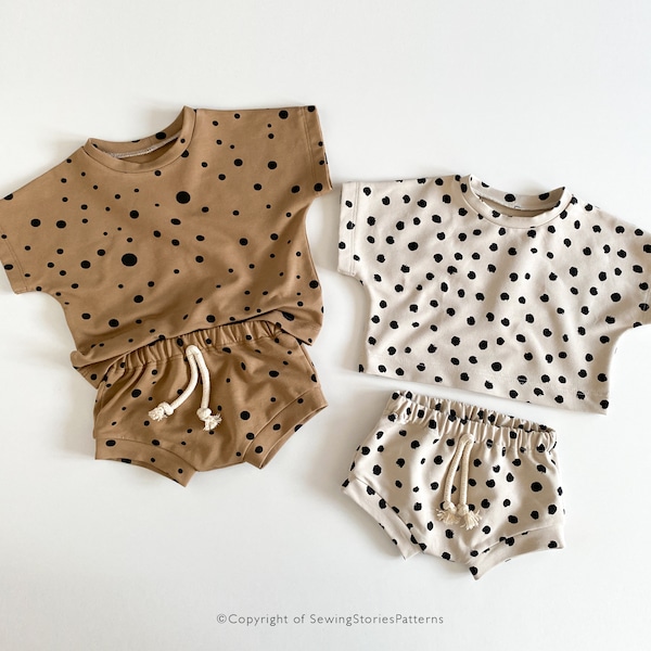 T-shirt + shorties PDF pattern | Baby and kids sewing SET - 10 sizes | Boxy cropp top or regular and baby shorties sewing pattern