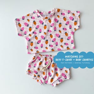 Matching set - boxy tshirt + baby shorties PDF pattern | Baby and kids sewing pattern - 10 sizes | Baby sewing set top and bottom pattern